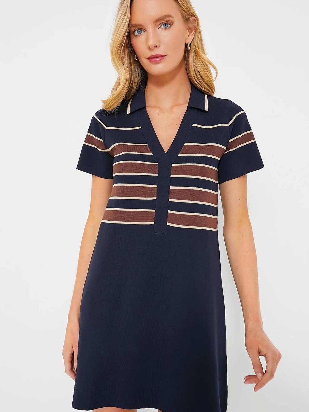 Tuckernuck Navy Polo-Style Shift Dress with Brown and Cream Stripes